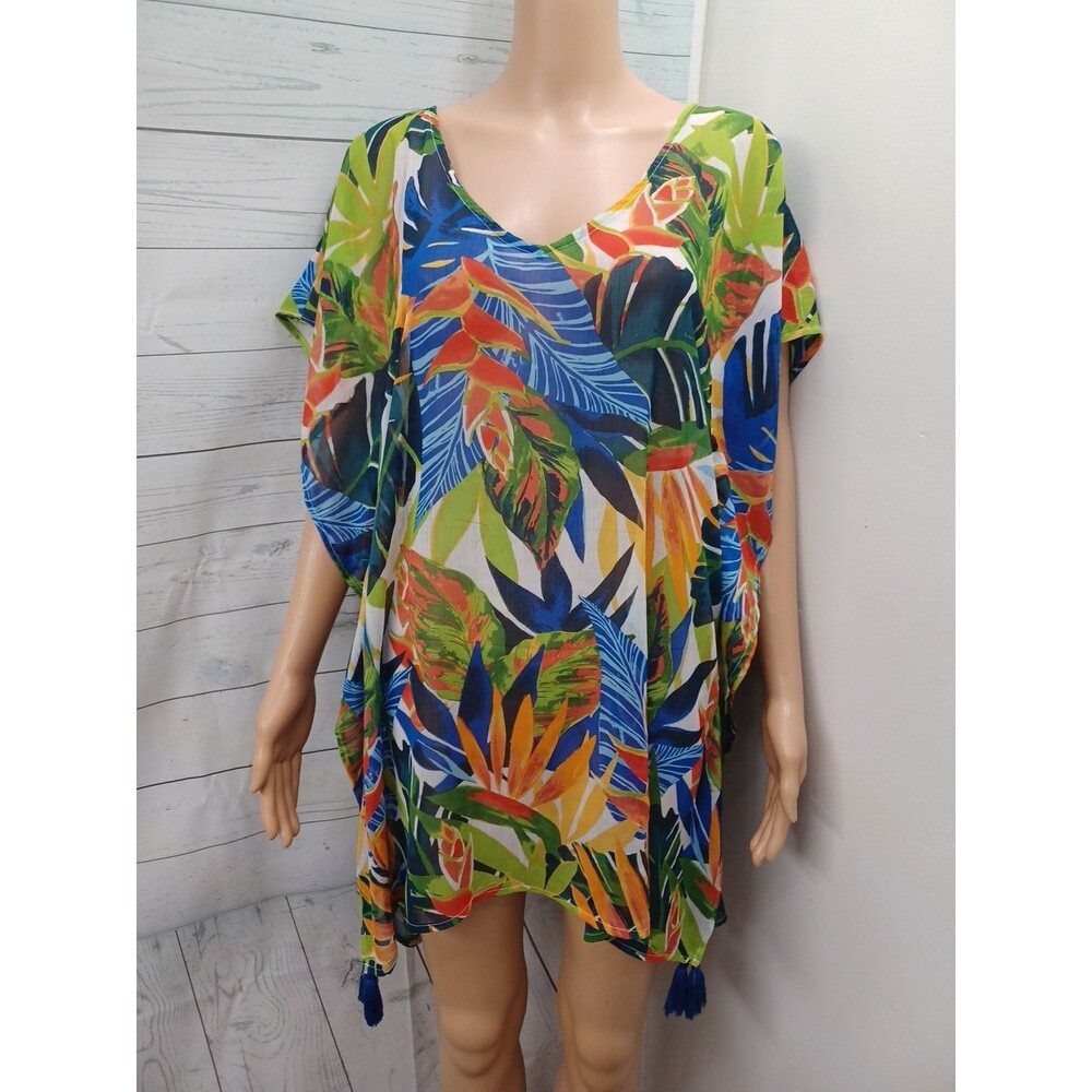 Kona Sol Swim Cover Up Tunic Top Tropical Floral Print Lattice Back Tassels S